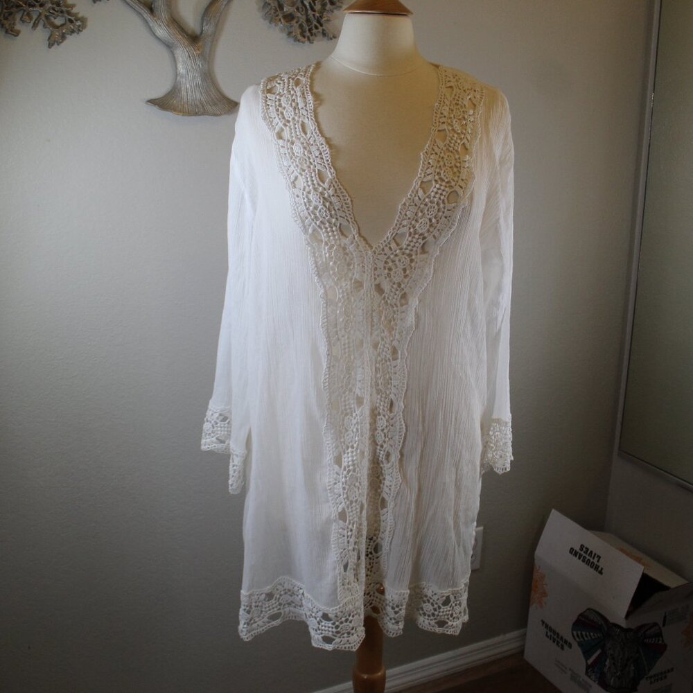 La Blanca Island Fare Crocheted Lace Trim Tunic Swim Cover-Up Size LG NWOT